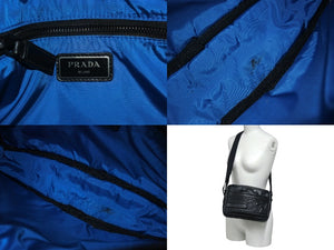 PRADA プラダ レザーショルダーバッグ ブラック ブルー ロゴ鞄 斜め掛け シルバー金具 美品 中古 4c070921 
