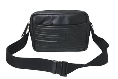 PRADA プラダ レザーショルダーバッグ ブラック ブルー ロゴ鞄 斜め掛け シルバー金具 美品 中古 4c070921 