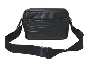 PRADA プラダ レザーショルダーバッグ ブラック ブルー ロゴ鞄 斜め掛け シルバー金具 美品 中古 4c070921 