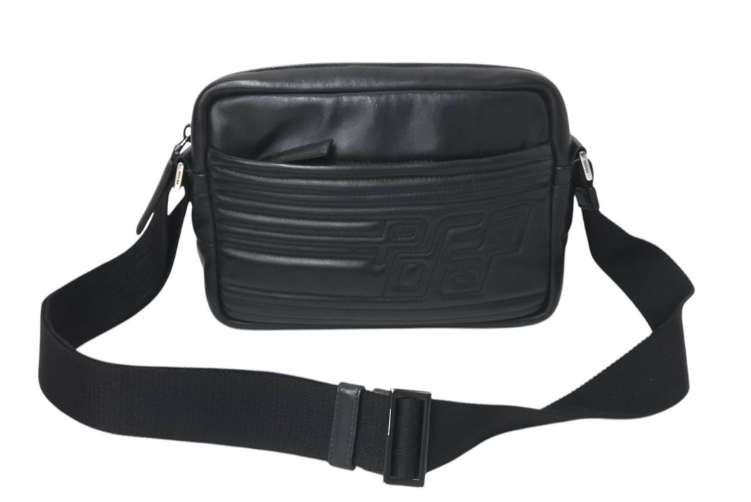 PRADA プラダ レザーショルダーバッグ ブラック ブルー ロゴ鞄 斜め掛け シルバー金具 美品 中古 4c070921 