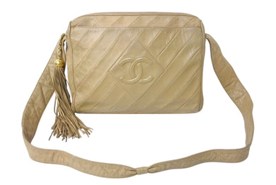 CHANEL シャネル ショルダーバッグ 3番台 ココマーク フリンジ ステッチ ベージュ レザー ゴールド金具 美品 中古 4c070936