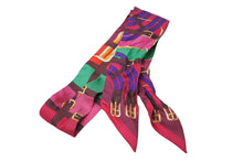 Load image into Gallery viewer, HERMES エルメス ツイリー ベルト柄 リボン バンダナ フランス製 シルク パープル グリーン ピンク 美品 中古 4c070976