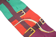 Load image into Gallery viewer, HERMES エルメス ツイリー ベルト柄 リボン バンダナ フランス製 シルク パープル グリーン ピンク 美品 中古 4c070976