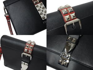 極美品 PRADA プラダ エレクトラ スタッズショルダーバッグ 1BD120 ブラック レッド カーフレザー ロゴ 鞄 シルバー金具 中古 4c071057 