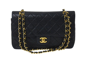 CHANEL シャネル マトラッセ25 Wフラップ Wチェーンショルダーバッグ ココマーク 1番台 ラムスキン ブラック ゴールド 美品 中古 4c071164
