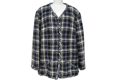 極美品 CHANEL シャネル メンズ ツイード ジャケット ネイビー系 ブラック ホワイト シルク混 P58787V44460 サイズ50 中古 4c071212