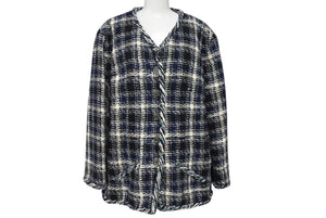 極美品 CHANEL シャネル メンズ ツイード ジャケット ネイビー系 ブラック ホワイト シルク混 P58787V44460 サイズ50 中古 4c071212