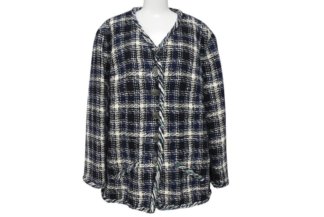 極美品 CHANEL シャネル メンズ ツイード ジャケット ネイビー系 ブラック ホワイト シルク混 P58787V44460 サイズ50 中古 4c071212