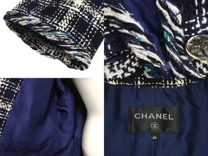 極美品 CHANEL シャネル メンズ ツイード ジャケット ネイビー系 ブラック ホワイト シルク混 P58787V44460 サイズ50 中古 4c071212