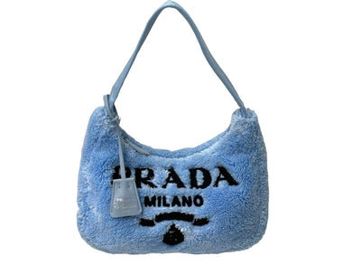 極美品 PRADA プラダ ホーボー ハンドバッグ 1NE515 トライアングル ブルー ブラック テリークロス シルバー金具 中古ロゴ 4c071462 