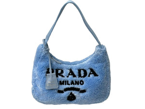 極美品 PRADA プラダ ホーボー ハンドバッグ 1NE515 トライアングル ブルー ブラック テリークロス シルバー金具 中古ロゴ 4c071462 
