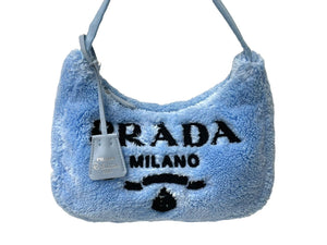 極美品 PRADA プラダ ホーボー ハンドバッグ 1NE515 トライアングル ブルー ブラック テリークロス シルバー金具 中古ロゴ 4c071462 