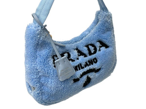 極美品 PRADA プラダ ホーボー ハンドバッグ 1NE515 トライアングル ブルー ブラック テリークロス シルバー金具 中古ロゴ 4c071462 