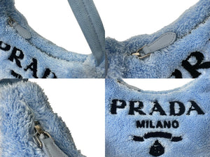 極美品 PRADA プラダ ホーボー ハンドバッグ 1NE515 トライアングル ブルー ブラック テリークロス シルバー金具 中古ロゴ 4c071462 