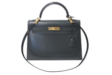 極美品 HERMES エルメス ケリー32 外縫い グリーン □D刻印 カーフスキン ゴールド金具 ハンドバッグ 2WAY 中古 4c071607
