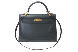 極美品 HERMES エルメス ケリー32 外縫い グリーン □D刻印 カーフスキン ゴールド金具 ハンドバッグ 2WAY 中古 4c071607