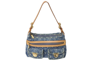 極美品 LOUIS VUITTON ルイヴィトン バギーPM ショルダーバッグ M95049 モノグラムデニム ヌメ革 ブルー ゴールド 中古 4c071619