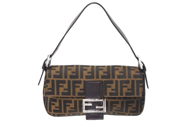 極美品 FENDI フェンディ マンマバケット ワンショルダーバッグ ズッカ柄 コットンキャンバス レザー シルバー金具 ブラウン 中古 4c071621 