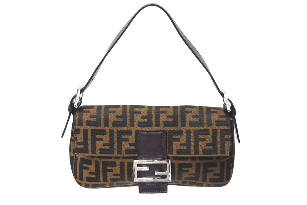 極美品 FENDI フェンディ マンマバケット ワンショルダーバッグ ズッカ柄 コットンキャンバス レザー シルバー金具 ブラウン 中古 4c071621 