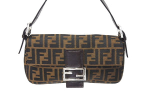 極美品 FENDI フェンディ マンマバケット ワンショルダーバッグ ズッカ柄 コットンキャンバス レザー シルバー金具 ブラウン 中古 4c071621 