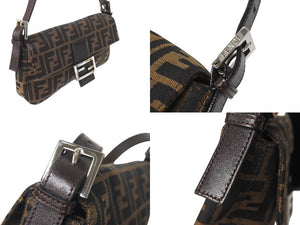 極美品 FENDI フェンディ マンマバケット ワンショルダーバッグ ズッカ柄 コットンキャンバス レザー シルバー金具 ブラウン 中古 4c071621 
