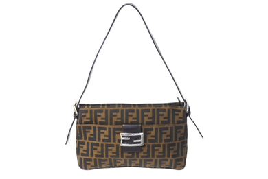 FENDI フェンディ マンマバケット ハンドバッグ 26566 ズッカ柄 ブラウン レザー ナイロンキャンバス シルバー金具 美品 中古 4c071622 