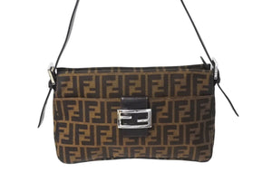 FENDI フェンディ マンマバケット ハンドバッグ 26566 ズッカ柄 ブラウン レザー ナイロンキャンバス シルバー金具 美品 中古 4c071622 