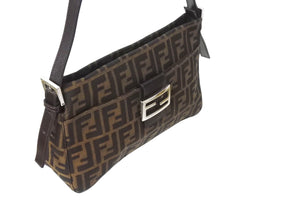 FENDI フェンディ マンマバケット ハンドバッグ 26566 ズッカ柄 ブラウン レザー ナイロンキャンバス シルバー金具 美品 中古 4c071622 