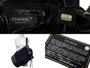 CHANEL シャネル エンブロイダリー 巾着 ショルダーバッグ ウール×レザー ネイビー シルバー金具 美品 中古 4c071626