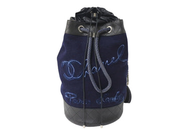 CHANEL シャネル エンブロイダリー 巾着 ショルダーバッグ ウール×レザー ネイビー シルバー金具 美品 中古 4c071626