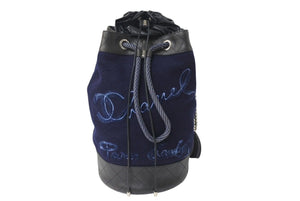 CHANEL シャネル エンブロイダリー 巾着 ショルダーバッグ ウール×レザー ネイビー シルバー金具 美品 中古 4c071626
