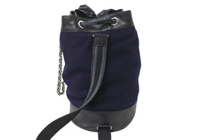 CHANEL シャネル エンブロイダリー 巾着 ショルダーバッグ ウール×レザー ネイビー シルバー金具 美品 中古 4c071626