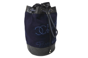 CHANEL シャネル エンブロイダリー 巾着 ショルダーバッグ ウール×レザー ネイビー シルバー金具 美品 中古 4c071626
