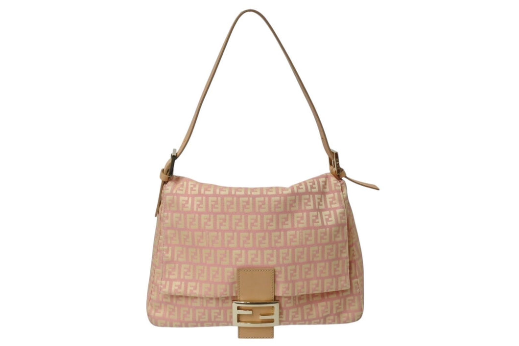 FENDI フェンディ マンマバケット ズッキーノ ショルダーバッグ キャンバス レザー ピンク ベージュ ゴールド金具 美品 中古 4c071633