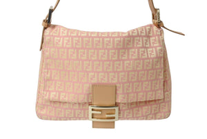 FENDI フェンディ マンマバケット ズッキーノ ショルダーバッグ キャンバス レザー ピンク ベージュ ゴールド金具 美品 中古 4c071633