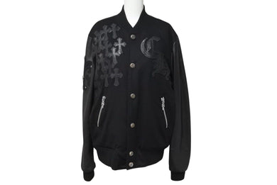 極美品 CHROME HEARTS クロムハーツ レターマン クロスレザーパッチ ブラック カシミヤ シルク ジャケット S 中古 4c071658