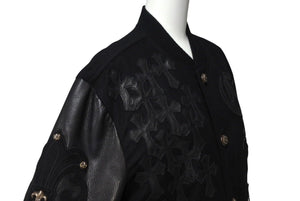 極美品 CHROME HEARTS クロムハーツ レターマン クロスレザーパッチ ブラック カシミヤ シルク ジャケット S 中古 4c071658
