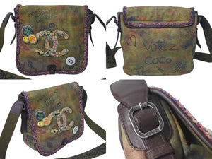 極美品 CHANEL シャネル エンブロイダリー グラフィティ ショルダーバッグ A92789 ココマーク 20番台 カーキ 中古 4c071699
