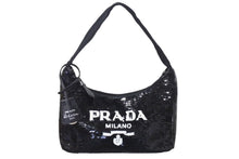 Load image into Gallery viewer, 極美品 PRADA プラダ ホーボー ハンドバッグ 1NE515 スパンコール ロゴ ブラック ホワイト シルバー金具 中古 4c071784