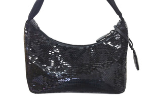 極美品 PRADA プラダ ホーボー ハンドバッグ 1NE515 スパンコール ロゴ ブラック ホワイト シルバー金具 中古 4c071784