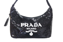 Load image into Gallery viewer, 極美品 PRADA プラダ ホーボー ハンドバッグ 1NE515 スパンコール ロゴ ブラック ホワイト シルバー金具 中古 4c071784
