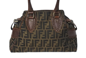 FENDI フェンディ ズッカ柄 エトニコ マンマバケット ハンドバッグ ブラウン キャンバス レザー 美品 中古 4c071859 