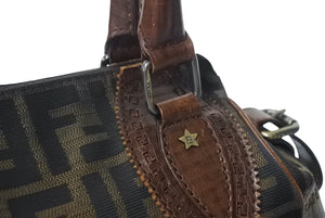 FENDI フェンディ ズッカ柄 エトニコ マンマバケット ハンドバッグ ブラウン キャンバス レザー 美品 中古 4c071859 