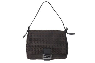 FENDI フェンディ ズッカ柄 マンマバケット ワンショルダーバッグ ブラウンロゴ コットンキャンバス レザー 美品 中古 4c071863 