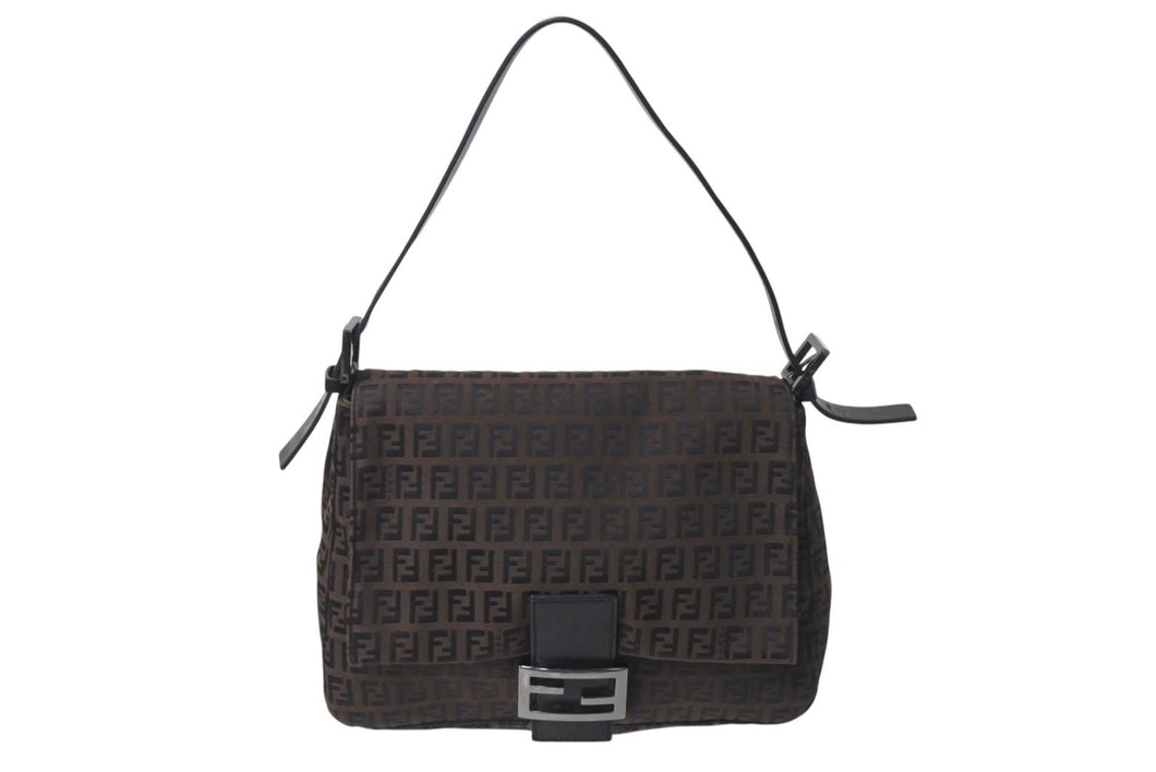 FENDI フェンディ ズッカ柄 マンマバケット ワンショルダーバッグ ブラウンロゴ コットンキャンバス レザー 美品 中古 4c071863 
