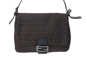 FENDI フェンディ ズッカ柄 マンマバケット ワンショルダーバッグ ブラウンロゴ コットンキャンバス レザー 美品 中古 4c071863 