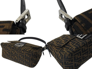 FENDI フェンディ ズッカ柄 マンマバケット ワンショルダーバッグ ブラウンロゴ コットンキャンバス レザー 美品 中古 4c071881 
