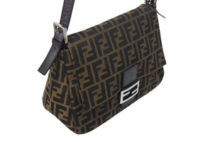 FENDI フェンディ ズッカ柄 マンマバケット ワンショルダーバッグ ブラウンロゴ コットンキャンバス レザー 美品 中古 4c071881 