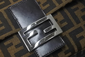 FENDI フェンディ ズッカ柄 マンマバケット ワンショルダーバッグ ブラウンロゴ コットンキャンバス レザー 美品 中古 4c071881 