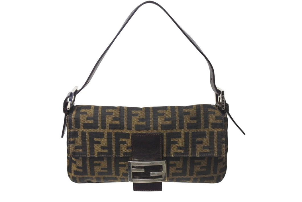 FENDI フェンディ マンマバケット ワンショルダーバッグ ズッカ柄 コットンキャンバス レザー シルバー金具 ブラウン 美品 中古 4c071884 